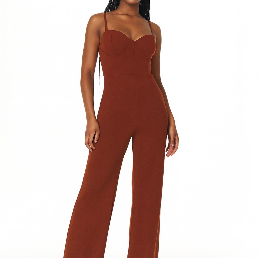 NWOT ELH Studio Wide Leg Jumpsuit Rust Brown Sleeveless Corset Top Women’s